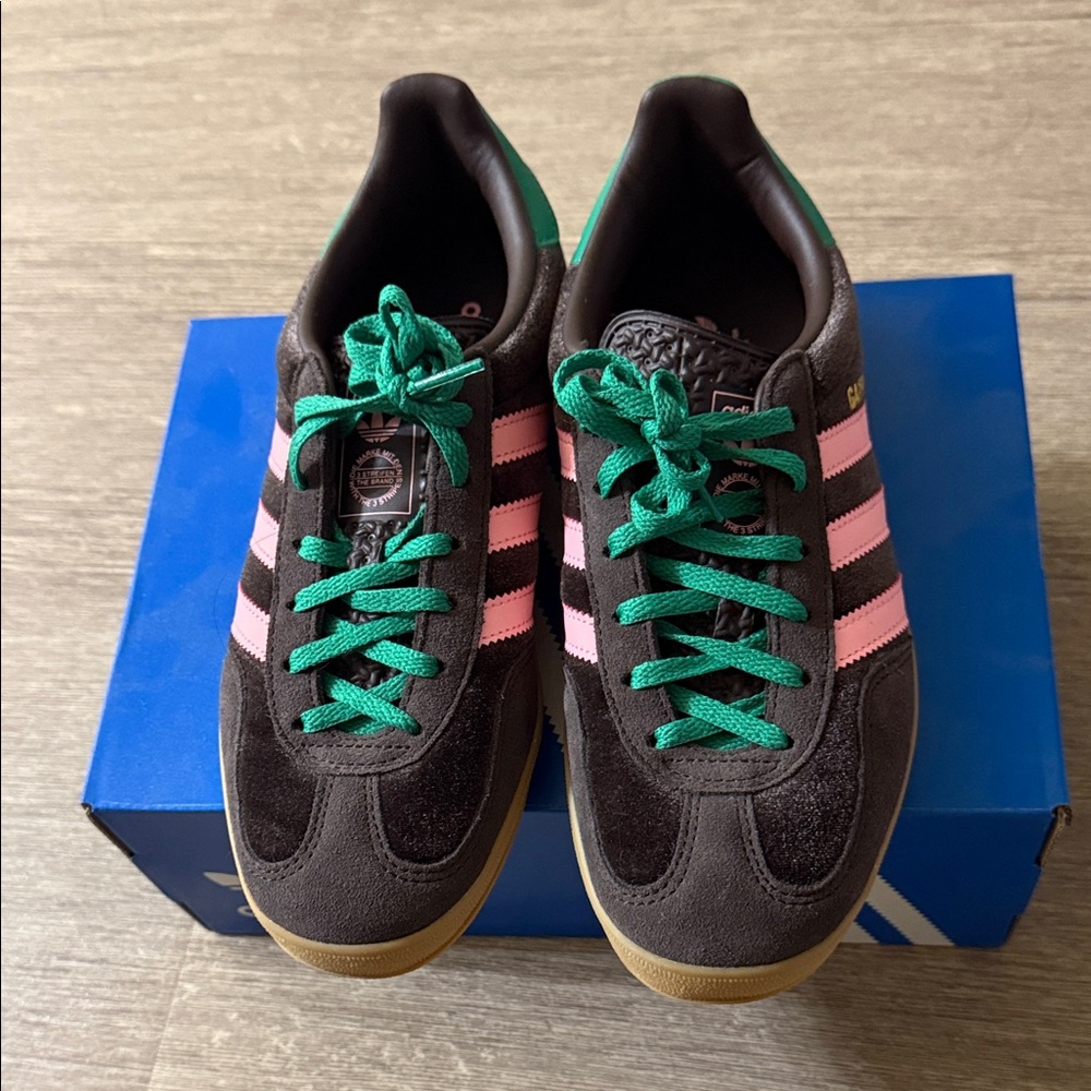 Adidas Dark Brown Sneakers with Pink and Green Accents